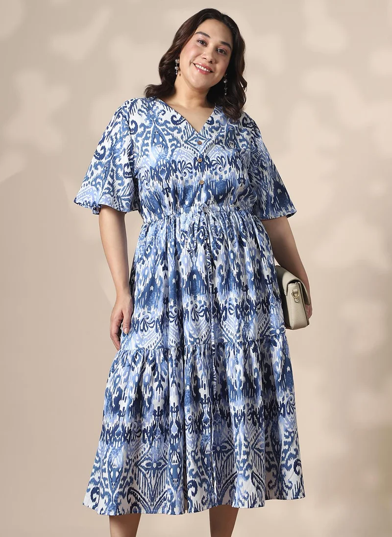 globus Globus Gloplus Women Blue Ethnic Motif V-Neck Flared Sleeves Waist Tie-Ups Fit & Flare Tiered Plus Size Midi Dress